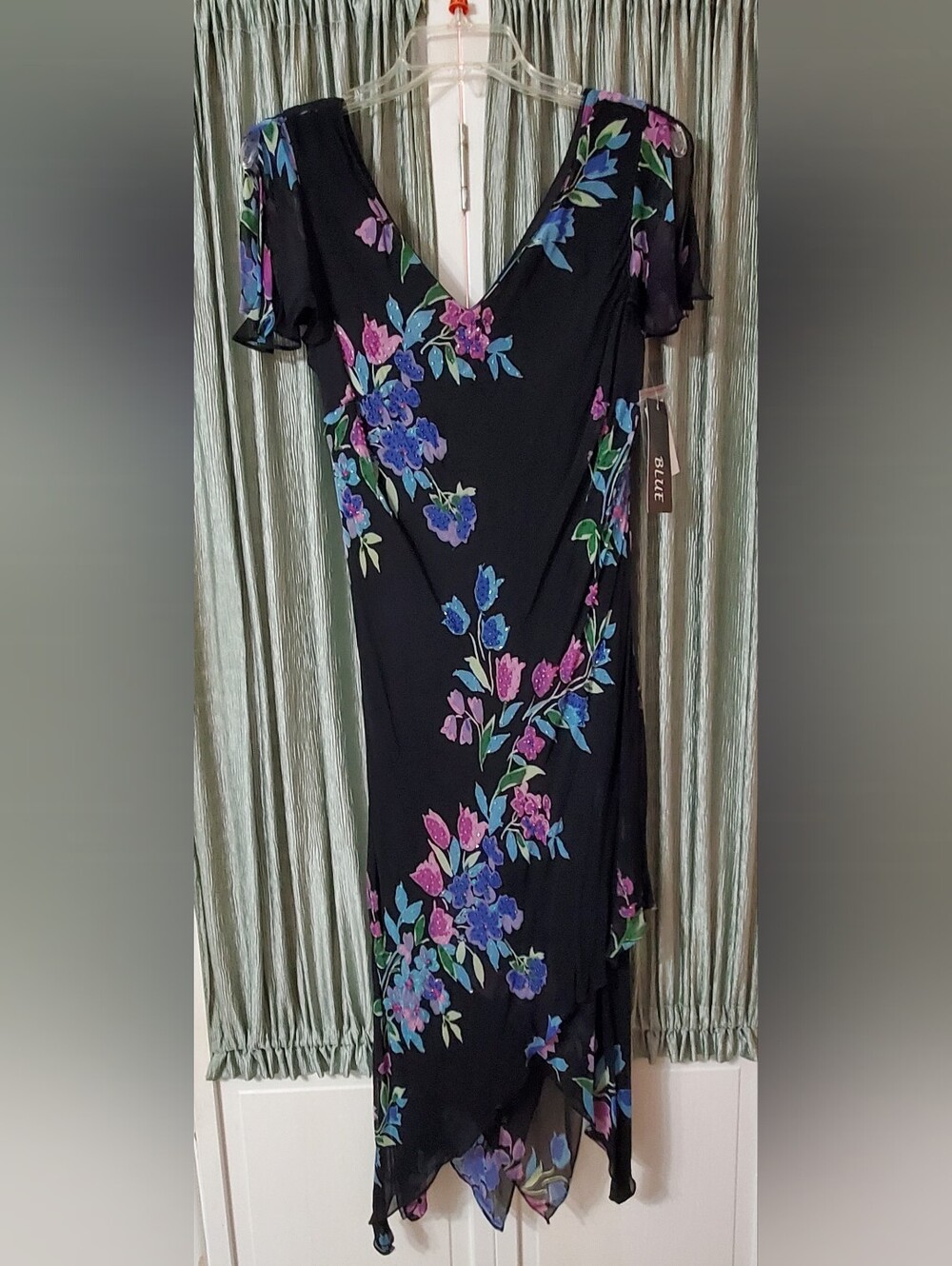 Eva Blue Flowing Floral & Black Dress With Beading, Size 10, NWT